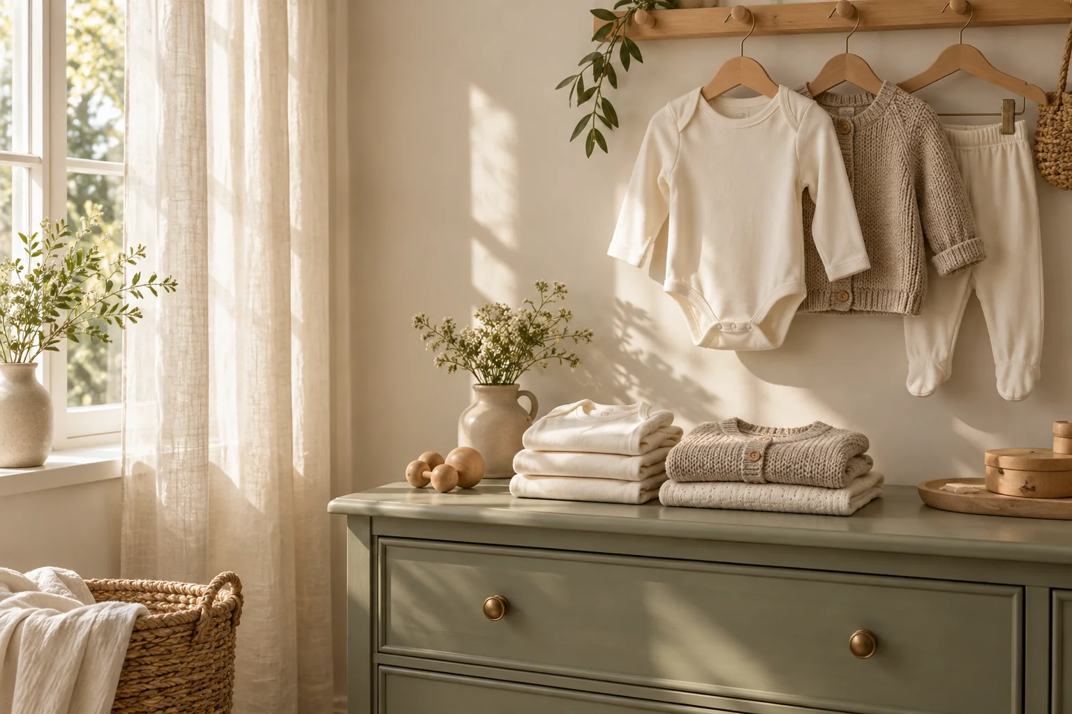 Soft cotton baby clothing in a sunlit dressing corner
