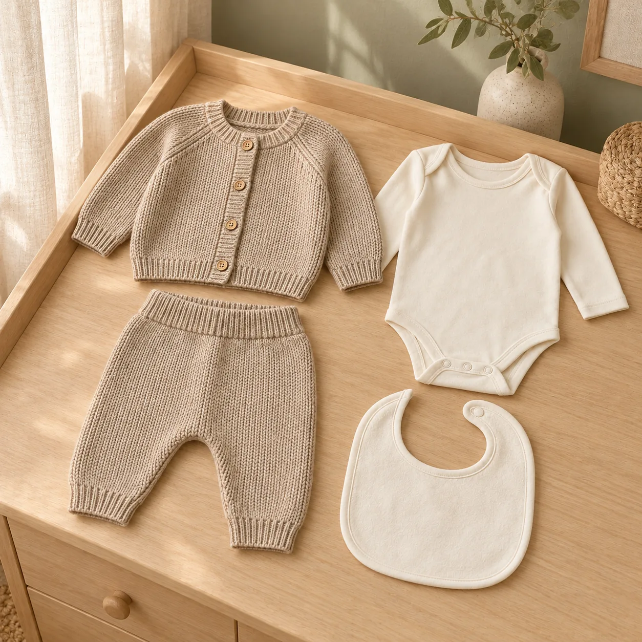 Cream and oat baby garments arranged in a calm home setting